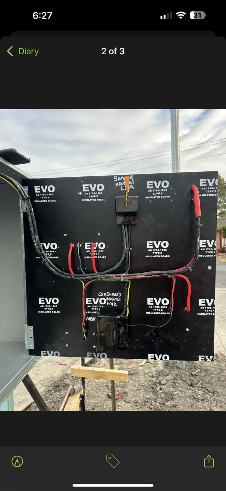 Electrical panel with wires and handwritten labels