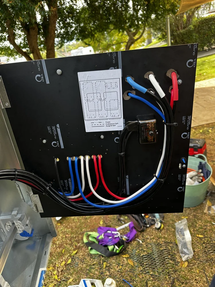 Electrical panel with multiple coloured wires and a wiring diagram